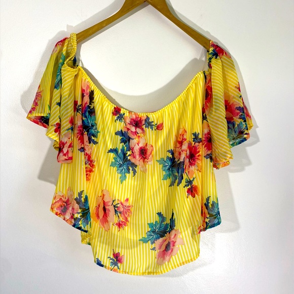 Peach Love California Tops - Peach Love California Boho Bright Yellow/Pink Off The Shoulder Top Size Large